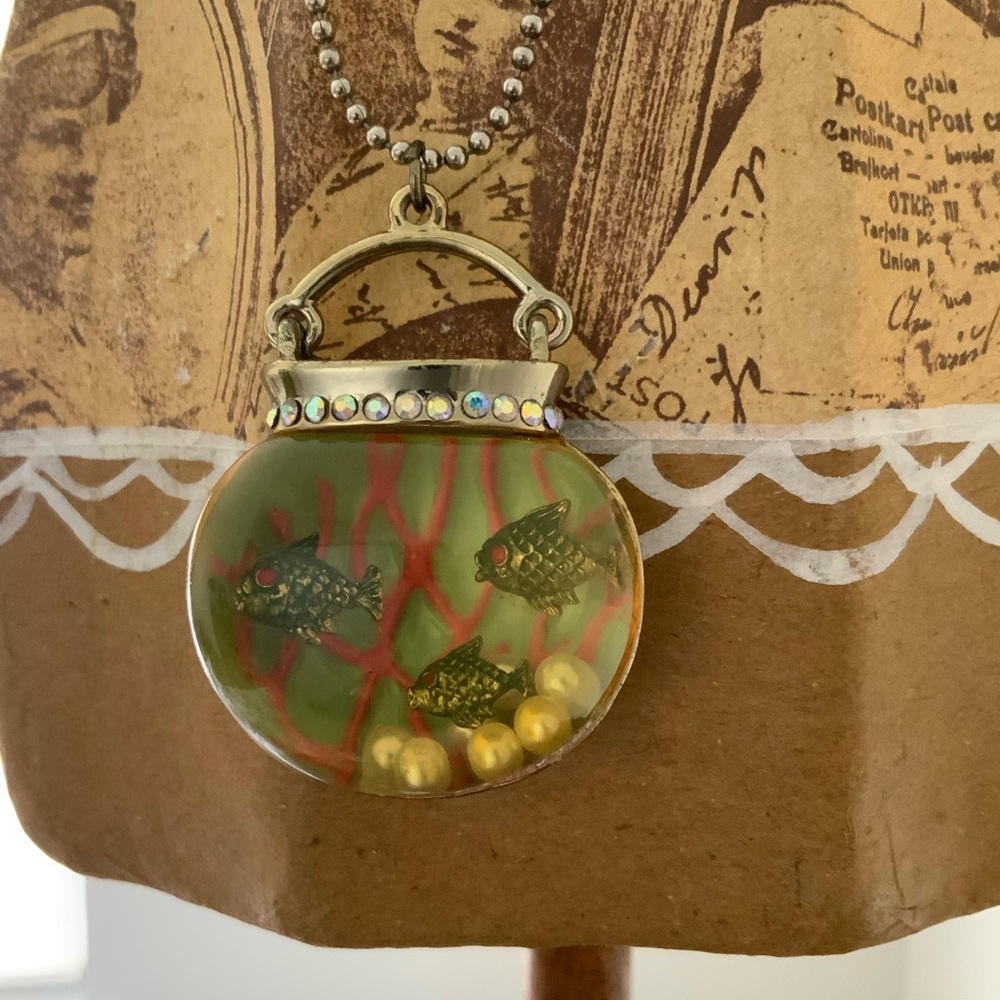 Vintage Betsey Johnson Fishbowl Pendant Necklace with Gold Fish and Yellow Beads